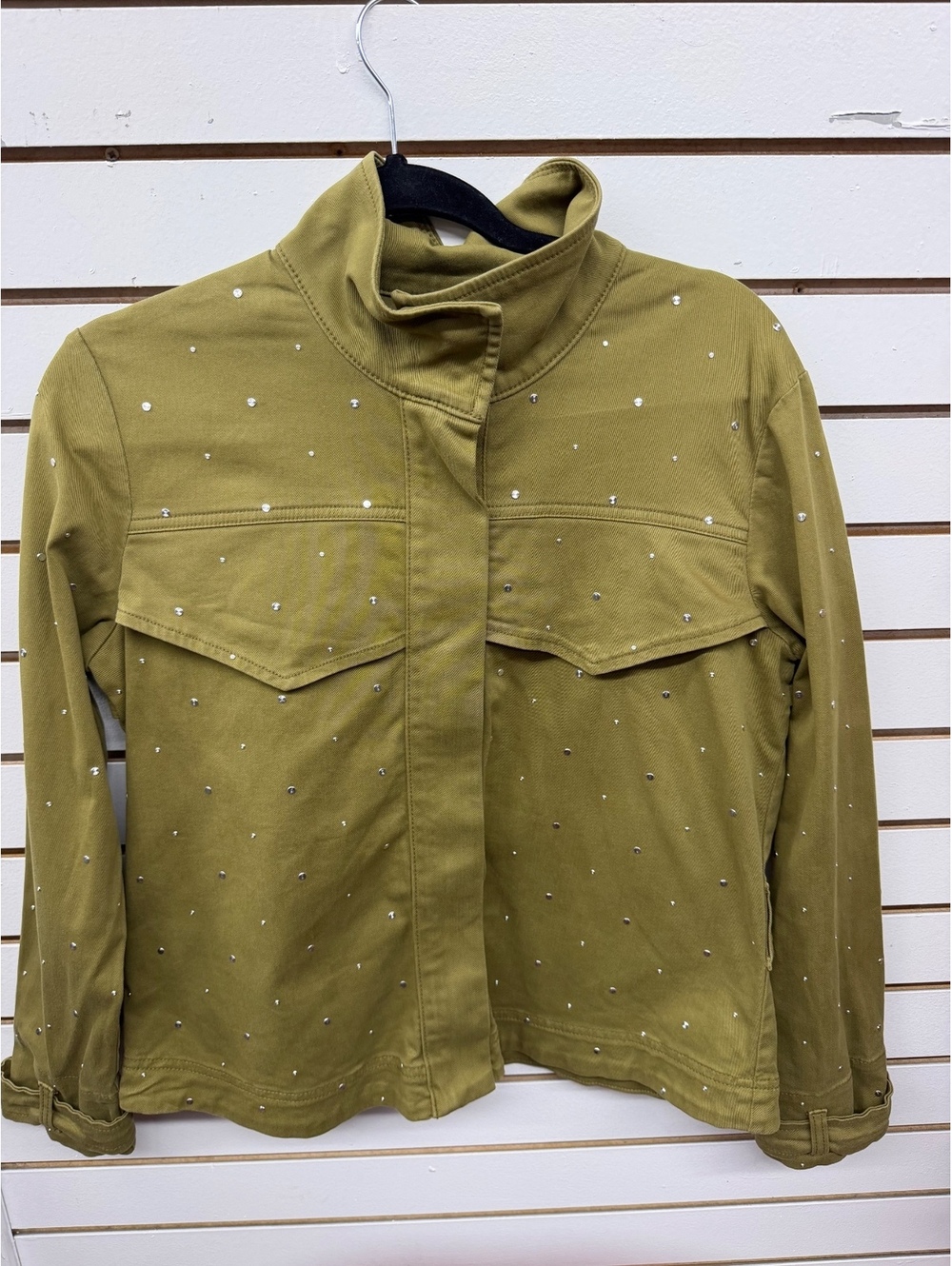 WHBM White House Black Market Rhinestone Utility Jacket Olive Green Size Small